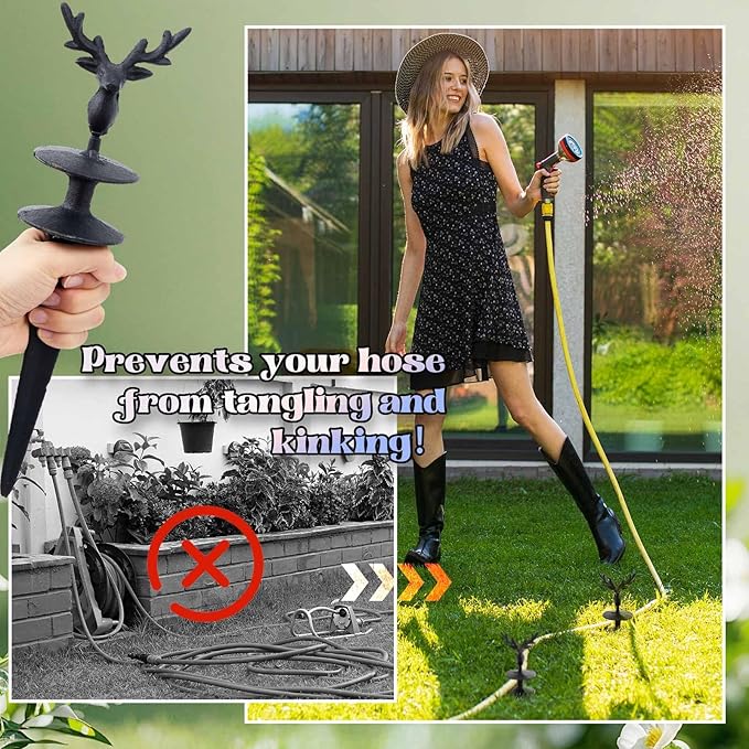 Tandefio 3 Pcs Deer Head Garden Hose Guide Stakes, Heavy Duty Decorative Antique Black Cast Iron Metal Hose Guides, Plant Protector for Lawn Yard Flower Bed