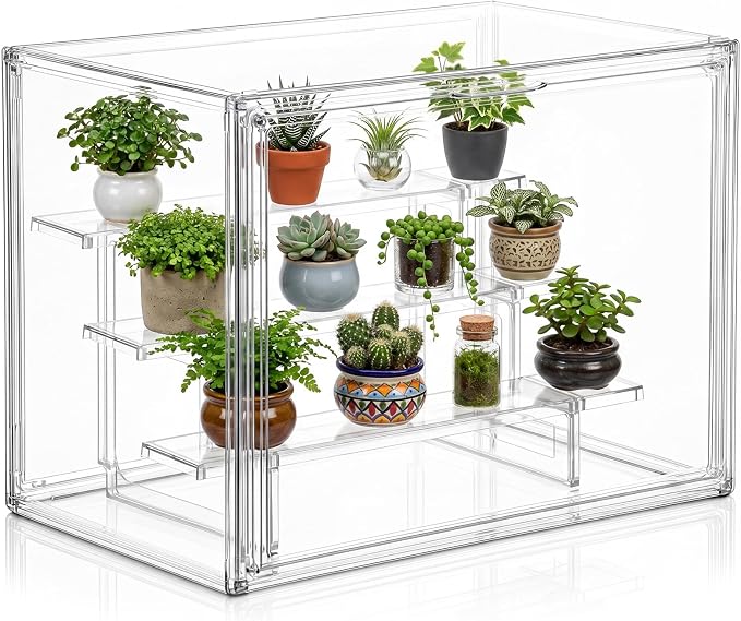 Novabright Mini Greenhouse Indoor, Clear Portable Tabletop Green House with Magnetic Door and 3-Layer Stand for Seed Starting, Plant Grow Warmer and Home Gardening Display, 14.1 x 10.6 x 9 in