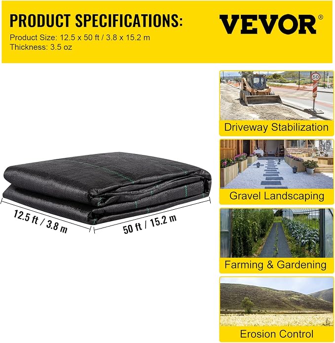 VEVOR Weed Fabric Barrier Heavy Duty, 12.5x50ft 3.5oz Weed Blocker, Woven Landscape, Garden Weed Barrier, Weed Control Fabric Ground Cover, Geotextile, Gardening Mat, Black