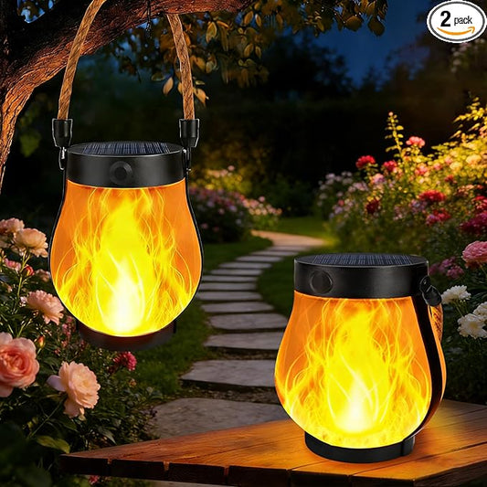 2 Pack Solar Lanterns Outdoor Waterproof, Flickering Flame Hanging Lanterns Decorative Outdoor with 2 Modes, Dual Charging USB & Solar-Powered Outdoors Lantern for Porch Yard Patio Tree Garden Decor