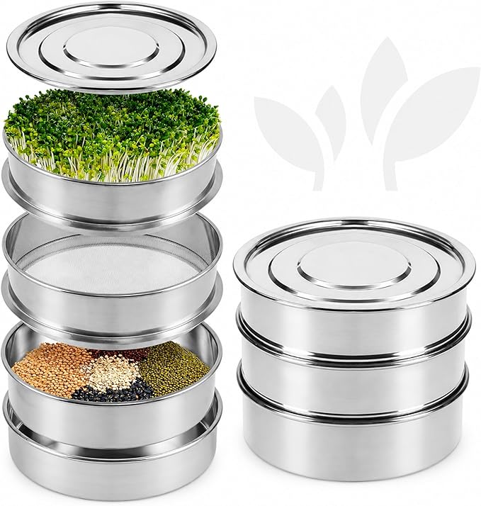 Stainless Steel 4-Tier Seed Sprouting Kit, 6'' Diameter, Indoor Gardening Planter for Microgreens Broccoli Sprouts Growing