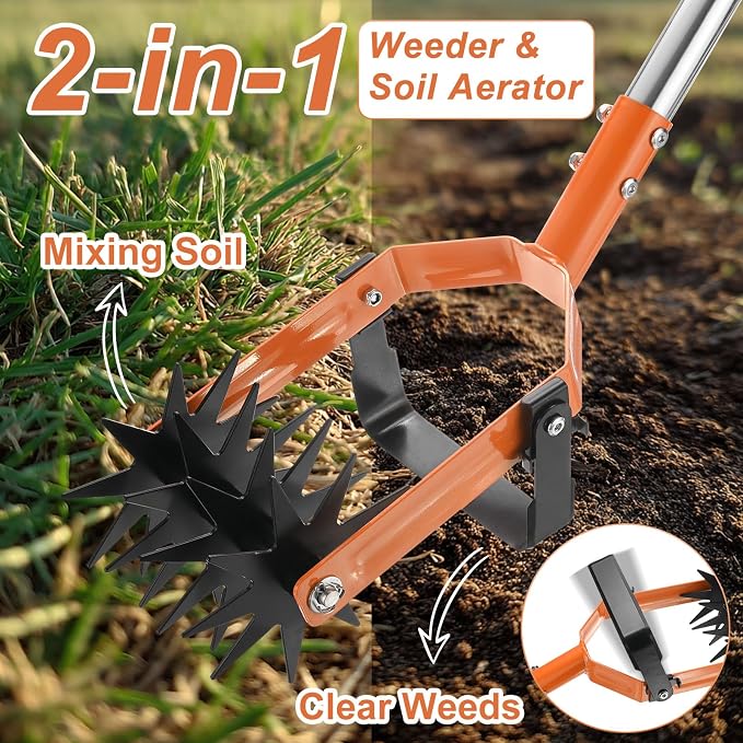 M METERXITY 2-in-1 Rotary Cultivator Tool, 72 Inch Adjustable Garden Hand Tiller with Star-Shaped Rolling Tines, Weeder & Soil Aerator for Loosening Mixing Soil/Lawn Care/Reseeding Grass