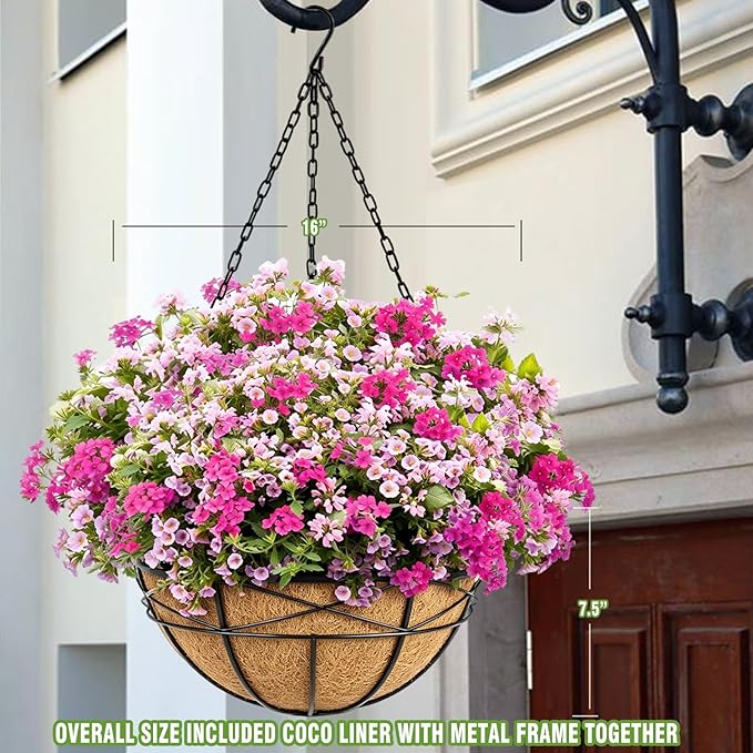 2 Pack 16 Inch Hanging Planters for Outdoor Plants Metal Wire Flower Baskets with Coco Liner & Plastic Saucer Large Deep Hanging Plant Pots for Porch Balcony Garden Décor