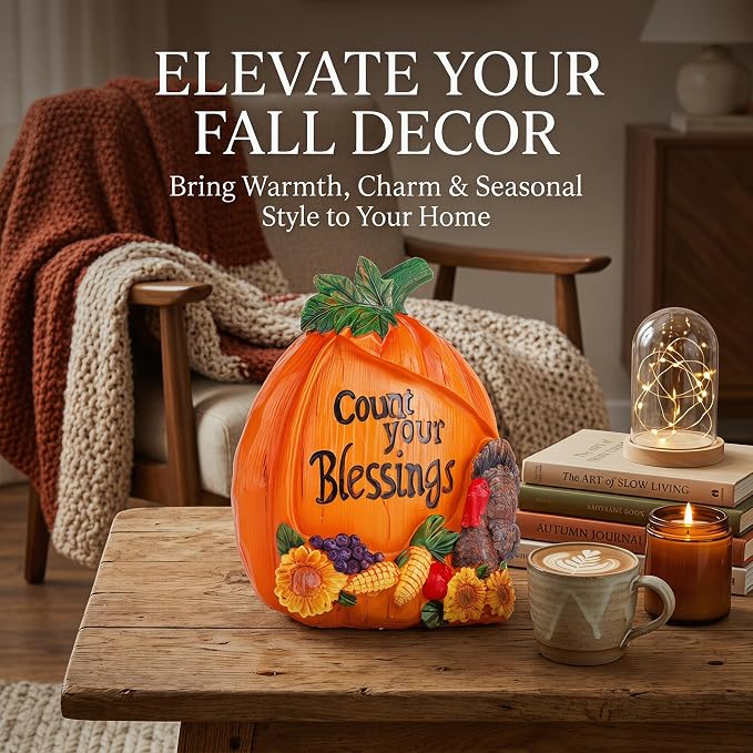 Topadorn Thanksgiving Pumpkin Figurine with Count Your Blessings Quote, Harvest Turkey Statue with Sunflowers, Fall Table Decor