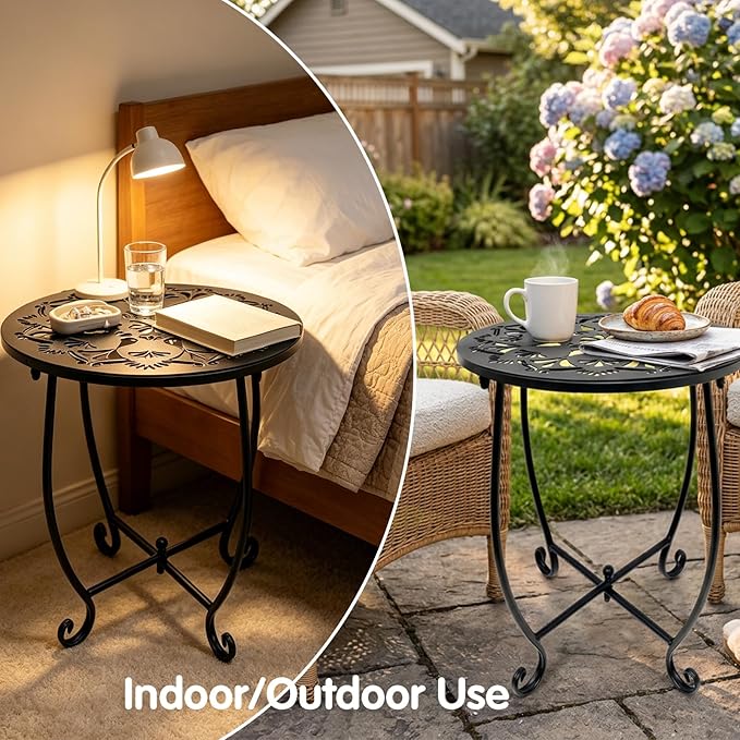 Fashion&cool Outdoor Side Tables, 14 Inch Rust-Resistant Metal Side Table for Outdoor, Round End Table Side Table for Patio Yard Porch Balcony Garden Bedside, Plant Stand (Black)