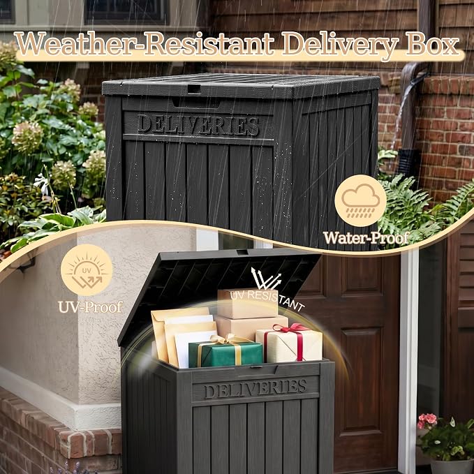 Outdoor Storage Box, 65 Gallon Package Delivery Boxes for Outside, with Lockable Secure, Deck Box Outdoor Waterproof for Entryway, Front Porch, Backyard, Garden, Patio, Lawn, Black
