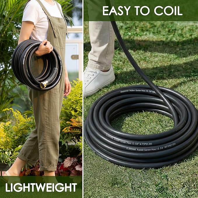 5/8 IN. × 90FT. Heavy Duty Rubber Garden Hose, High Flow 5/8" I.D. Brass Fitting No Memory Durable Heavy Duty Water Hose for Watering, Irrigation, Water Transfer Pump