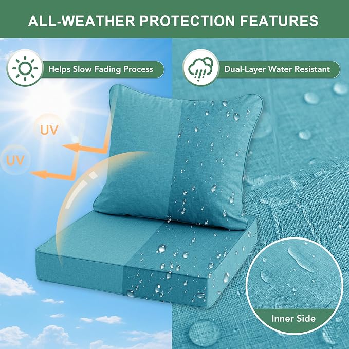 Summsun Faux Linen Outdoor Chair Cushions, Water Resistant Backrest and Deep Seat Cushion Set with Removable Cover, Straps, Non-Slip Bottom for Patio Furniture, 22 x 22 Inch, Teal