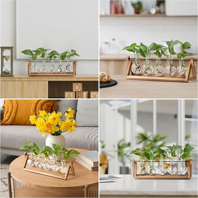 YIBOT Plant Propagation Stations with Wooden Stand & 5 Glass Bulb Vases | Tabletop Plant Terrarium for Propagating Hydroponic, Retro Glass Planter Flower Vase Home Kitchen Office Decor Gifts