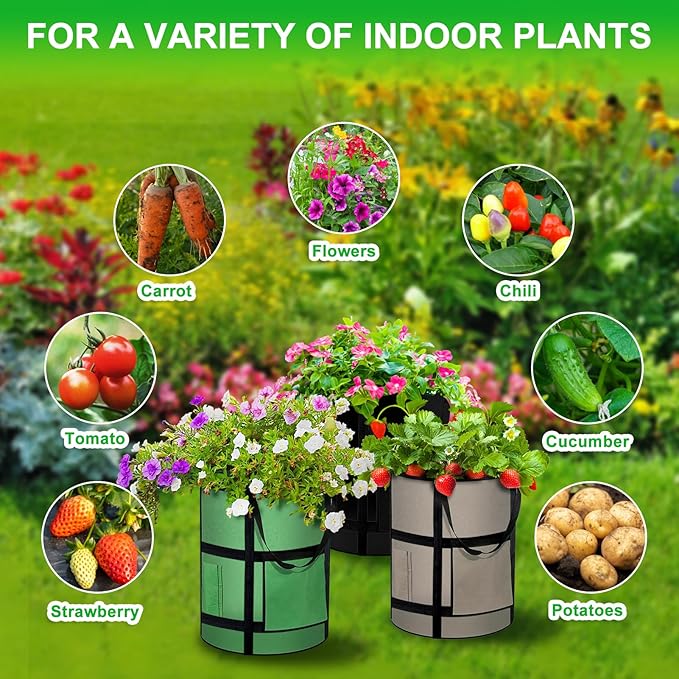 MEKOLIFE 10 Gallon Potato Grow Bags with Viewing Window, 300G Nonwoven Garden Planting Pots, Heavy-Duty Surround Handles for Gardening Supplies (6Pack Grow Bags)