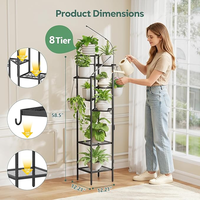 Quikraen 8 tiers Metal Plant Stand with Grow Lights, Tall Lighted Corner Plant Shelf for Indoor Plant Growing,Flower Pot Holder, Plant Rack for Home Decor, Patio (Black)