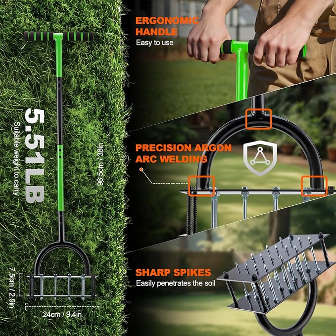 Bluesea Lawn Aerator Tool - 16 Iron Spikes with Ergonomic T-Handle, Automatic Dirt Clean for Soil Loosening & Yard Aeration, Manual Metal Grass Aerator (Green)