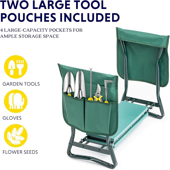 iPower Garden Kneeler and Seat Folding Stool, Thick Foam Kneeling Pad & 2 Removable Tools Pouch, Sturdy Steel Frame, Portable for Seniors, No Assembly Gardening Gift for Women Men