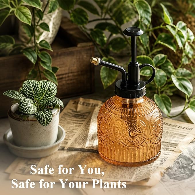 Amolliar Glass Plant Mister Spray Bottle, Vintage Refillable Leak Proof Watering Can for Indoor Plants, Houseplants, Gardening, Cleaning, Hair & Pet Care with Mist Nozzle (Brown-Black Pump)