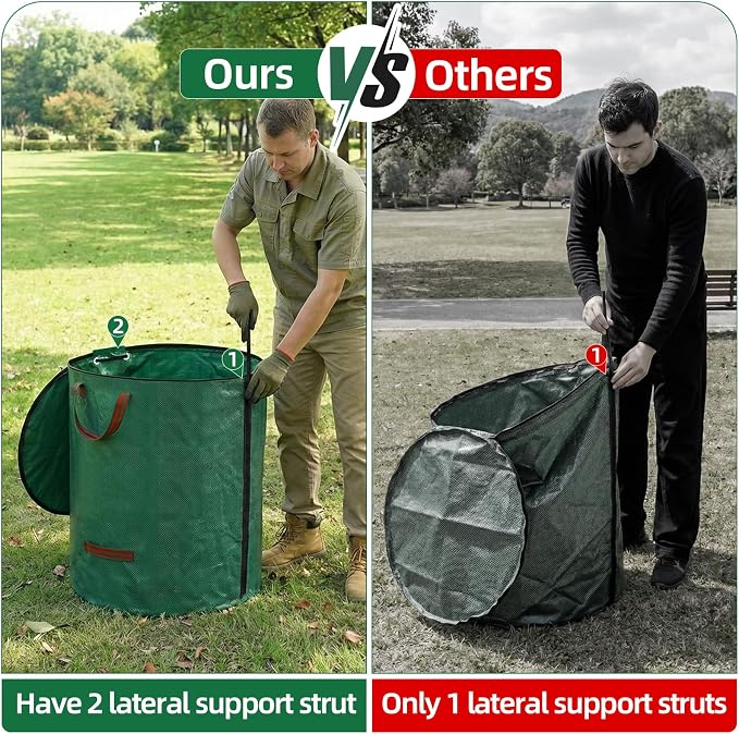 Reusable Leaf Bags 72 Gallon 3 Pack, Heavy Duty Lawn Bags with Lid & Dual Side Support Rods Reusable Yard Waste Bags with Handles Garden Leaf Collector Bag Yard Waste Bin