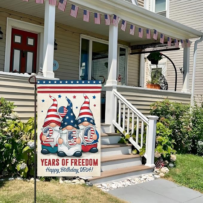 Gnome 250 Years America Patriotic Garden Flag - Independence Memorial Day Decorations, Funny 250 Year American Anniversary Flag, USA Birthday Freedom Yard Sign, 1776-2026 USA 4th of July Garden Flag for Outside