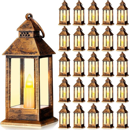 Hoolerry 24 Set 5.5'' Mini Lanterns with LED Candle for Wedding Centerpiece Vintage Decorative Hanging Small Lantern Battery Powered for Halloween Wedding Table Centerpiece(Retro)