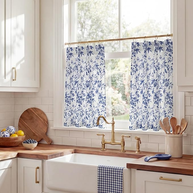 StangH Blue Cafe Curtains 36 Inch Length, Pinch Pleated Peony Floral Small Window Treatment, Elegant Farmhouse Tier Curtains for Kitchen & Bathroom, W26xL36，2 Panels