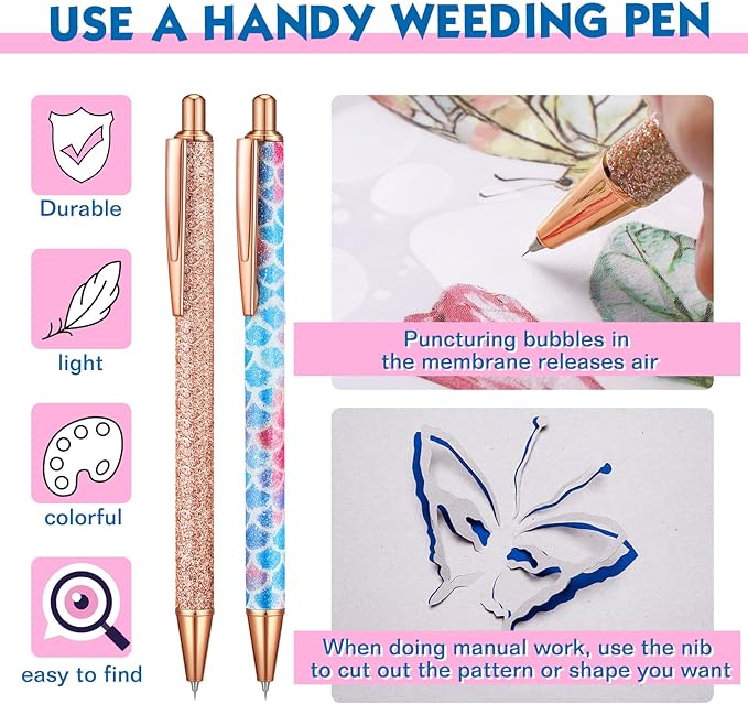 Spakon 4 Pcs Weeding Tools for Vinyl, 2 Pcs Air Release Pen Glitter Craft Weeding Point Retractable Pin Pen with 2 Pcs Felt Squeegees Scraper for Crafting Weeding Essential Adhesive Vinyl