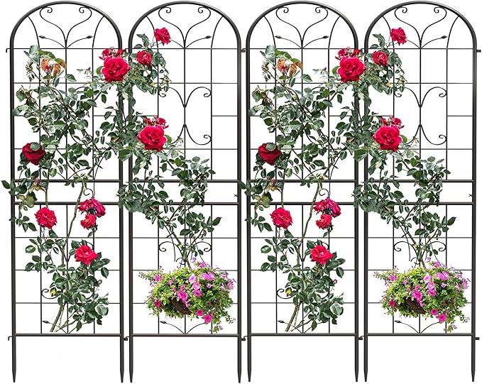 4 Pack 87x20in Garden Trellises, Ornate Scrollwork Black Metal Coated Rustproof Trellis for Climbing Plants Outdoor, Roses, Vegetables, Vines, Cucumbers