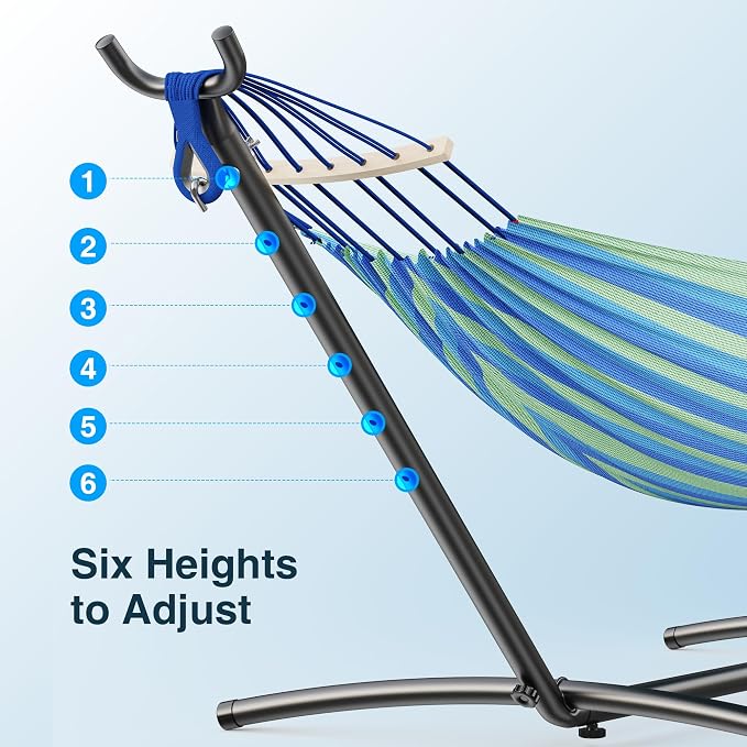 ANAGOO Double Hammock with Stand, 2 Person Hammock with Anti-Rollover Spreader Bar, Adjustable Height Heavy Duty Steel Stand, 500LB Capacity Portable Hammock for Patio Backyard Camping, Wide Blue
