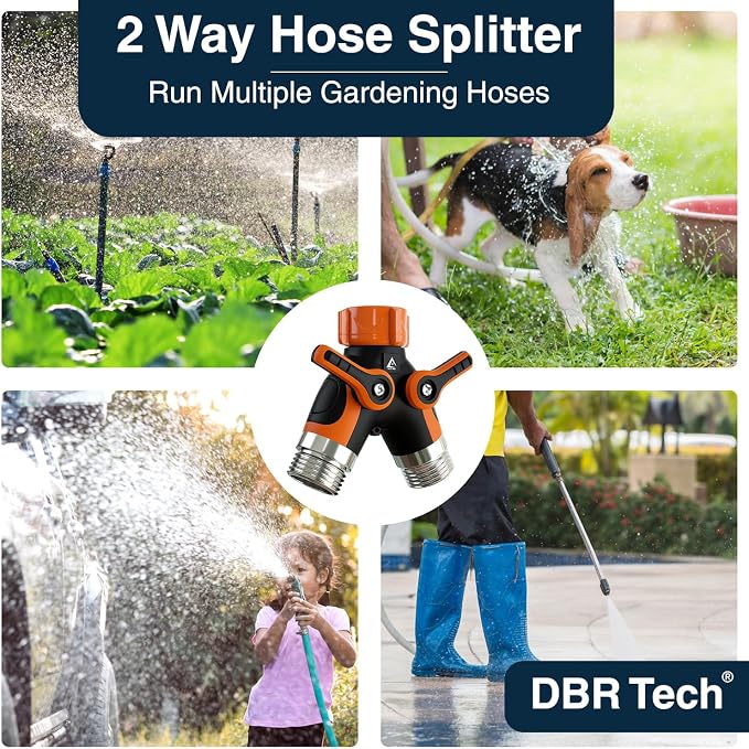 DBR Tech® Hose Splitter 2 Way, Heavy Duty Metal Connector, Two Way Garden Hose Splitter, High Flow Spigot Faucet Bib Adapter, Solid Double Y Shut Off Valve for Outdoor Gardening Hoses, Orange