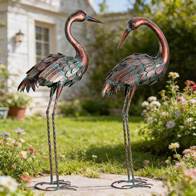 chisheen Crane Garden Statues Outdoor Yard Decorations Metal Heron Yard Art Bird Sculpture Decor for Outside Lawn Patio Large Size, for Women Mom,Set of 2