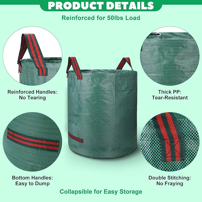 72 & 32 Gallon Reusable Yard Waste & Lawn and Leaf Bags with Handles - Tear Resistant Garden Trash Bags for Seasonal Cleanup, Patio, Lawn & Leaf Collection, Grass Clippings, Collapsible with Gloves