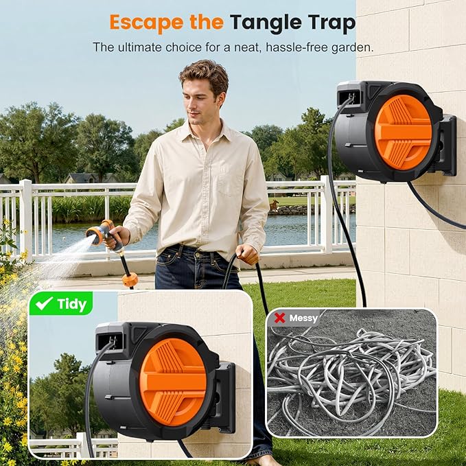 Retractable Garden Hose Reel 5/8” x 100ft, Auto Rewind Hose Reels for Outside, Heavy-Duty Wall-Mounted Outdoor Hose, 10-Mode Nozzle, Adjustable Length, 180° Rotation for Watering, Car Washing