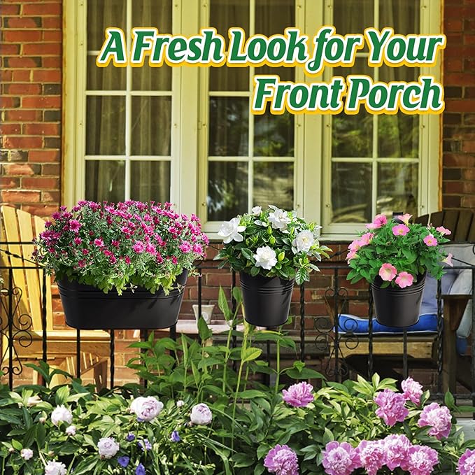 MADHOLLY 6Pcs Railing Planter with Drainage - 10.8" & 5.1" Bucket Pots for Balcony Railing, Metal Iron Hanging Flower Pots for Herb Planter Outdoor Deck & Rail Decor with Hook, Black
