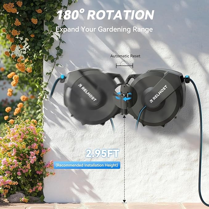 Relhost Retractable Garden Hose Reel, 1/2 in x 65 ft Wall Mount Heavy Duty Hose Reel with Any-Length Lock, Auto Rewind System, 180° Swivel Bracket, and 10-Pattern Nozzle for Garden, Dark Grey