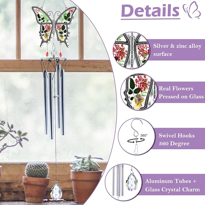 KY&BOSAM New Butterfly Wind Chime with Crystal Sympathy Wind Spinner Memorial Wind Chime for Loss of Loved One Prime Bereavement Sympathy Memorial Gift for Loss of Mother Father Gift Home Garden Decor