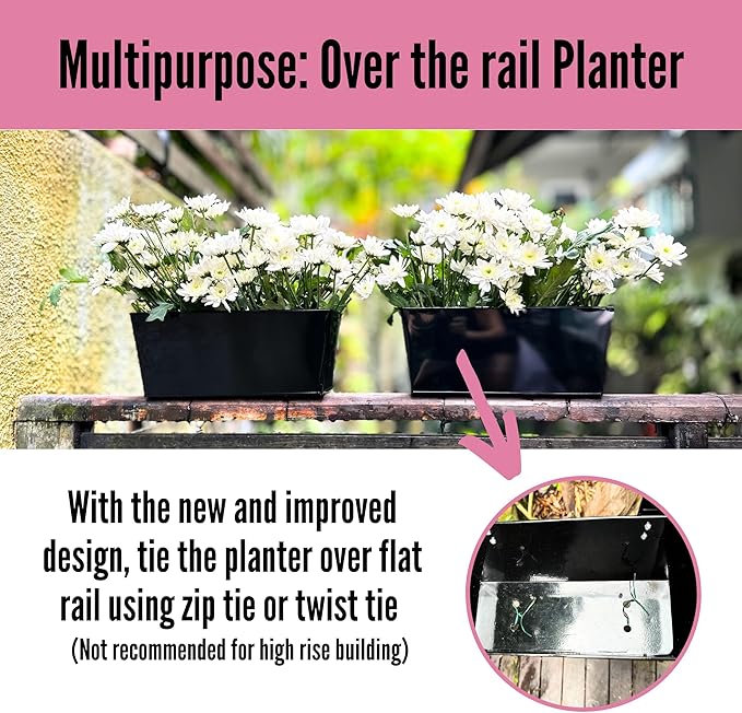 LaLaGreen Rail Planter (16 Inch, 5 Pack) Metal Planters Hanging Flower Pots Rectangular Buckets Herbs Modern Wall Mount Iron Balcony Box Plant Holder Deck Railing Fence Porch Home Outdoor Plants Decor