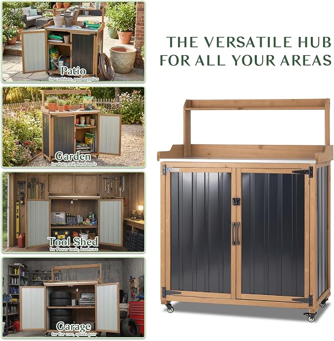 Outdoor Storage Cabinet with 4 Wheels and Handle, Metal & Wood Potting Bench Storage Cabinets with Waterproof Top, Removable Shelf, Potting Table & Workstation for Garden, Patio, Balcony, Garage