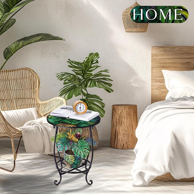 Cinnvoice Outdoor Side Table Round Small Mosaic Patio Accent Indoor End Plant Coffee Tea Table for Yard Patio Porch Garden Living Room, Bedroom (Monster Leaf Style,14 Inch)