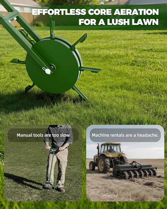 Core Rolling Lawn Aerator with Hollow Tines, Heavy-Duty Manual Yard Tool | Heavy-Duty Manual Rolling Core Aerator With Hollow Tines for Compacted Soil, Seasonal Lawn Care, Yards, And Gardens