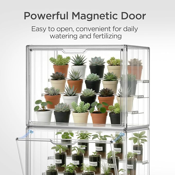 HBlife Mini Greenhouse for Indoor, Clear Stackable Green House with Magnetic Door & Adjustable Drainage Dividers, Tabletop Portable Greenhouse for Small Plants Nursery Germination and Display, 3 Pack