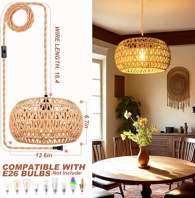 Hanging Lights with Plug in Cord Rattan Hanging Lamp Boho Ceiling Light Fixtures Farmhouse Pendant Lamp Shape for Living Room Bedroom Kitchen