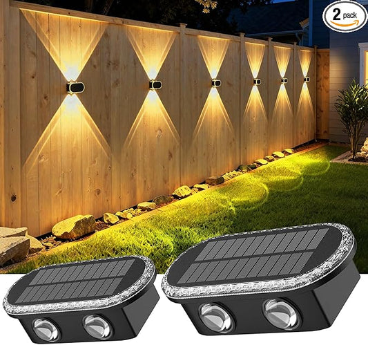 Ellasay Fence Lights Solar Powered: Outdoor LED Wall Lighting Dual Beam and 3 Color Modes IP65 Waterproof 12H Long Lasting Easy Mount for Garden Patio Backyard 2 Pack