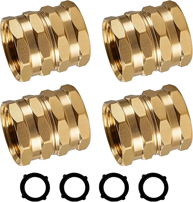 Hourleey Brass Garden Hose Adapter, 4 Pack 3/4 Inch Heavy Duty Solid Brass Female to Female Hose Connector, Garden Hose Repair Fittings with 4 Extra Washers, Leak-Proof Double Female Coupler