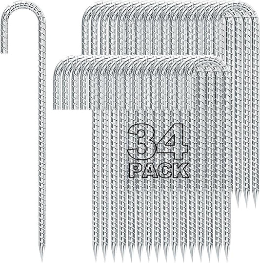 Homwin 12 inches Tent Stakes Heavy Duty 34-Pack, 5/16" Diameter J Hook Fence Stakes Rebar Ground Stake for Inflatables, Tarp, Yard Lawn Outdoor Decoration