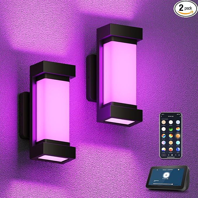 XMCOSY+ Outdoor Wall Lights, 2100LM Smart LED Porch Lights Outdoor, RGBCW Exterior Lighting Sconce, Wi-Fi Control, Compatible with Alexa, IP65 Waterproof, 2 Pack
