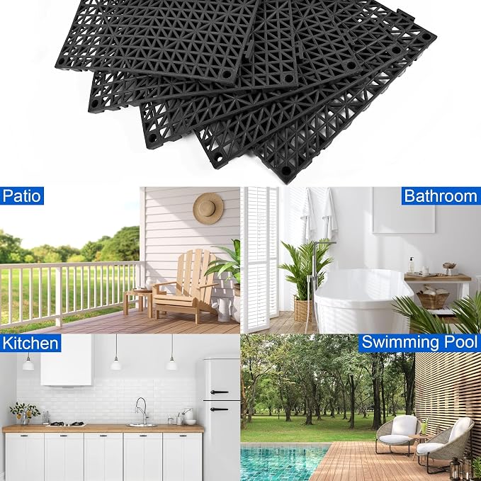 MYFAMIREA Modular Interlocking Cushion 36 Pack 11.8" x 11.8" Rubber Floor Tiles Non-Slip Splicing Drainage Mats for Deck, Black