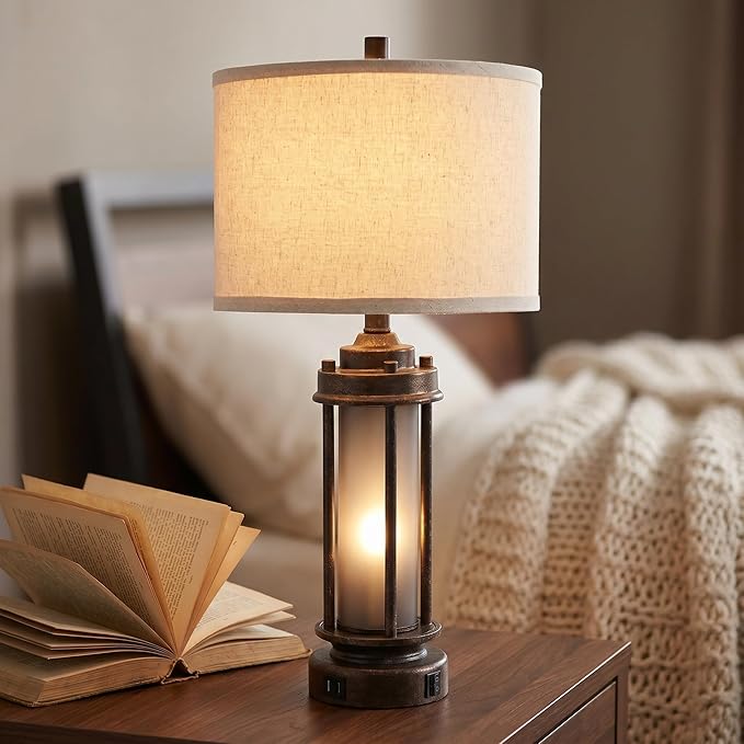 AIEAMPDO 25" Farmhouse Lamps for Living Room with 2 USB C+A Ports | Rustic Vintage Design, Frosted Glass Nightlight, Bulbs Included, Retro Desk Lamp