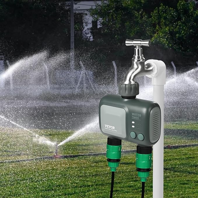 VEVOR Sprinkler Timer WiFi Water Timer, 2 Outlets, Smart Hose Faucet Water Timer with Brass Inlet, APP Remote Control via 2.4Ghz WiFi or Bluetooth, Voice Control, IPX6 for Garden, Yard Watering