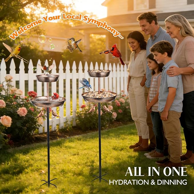 43" 2-Tier Metal Bird Bath and Feeder for Outdoor, 12" and 8" Dia Double Removable Bowl Bird Baths for Outside Standing Vintage Birdbath with Two Bowl Feeder, Garden Patio Lawn Decor
