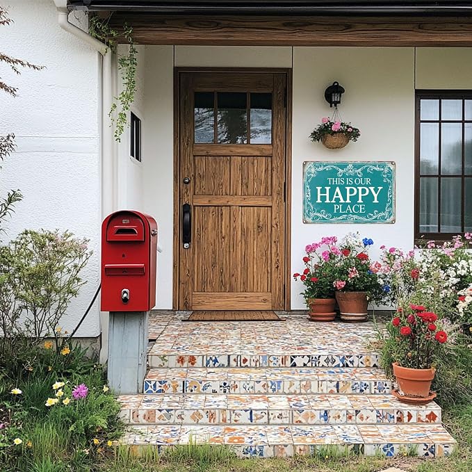 Funny Sign This Is Our Happy Place Metal Tin Sign Retro Wall Decor for Kitchen Cafe Garage Bar Garden Bedroom 12×8 Inch