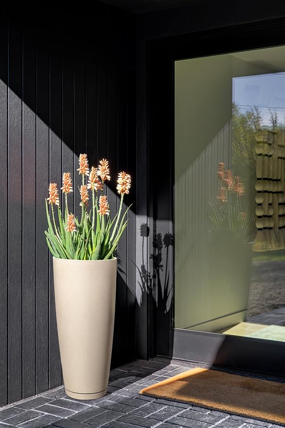 Veradek Vega Round Tall Planter Pots for Indoor/Outdoor Use | Made from Plastic - Stone Mix with Drainage Holes | Perfect for Small to Large Succulent Plants, Flowers, Modern Interior Plants