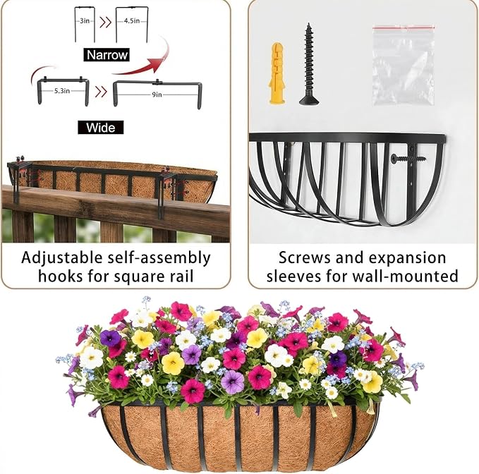 16'' Window Box Railing Planter with Coco Liner,2 Pack Horse Trough Planters Black Metal Hanging Flower Planters Basket for Porch Fence Patio Indoor Outdoor Lawn
