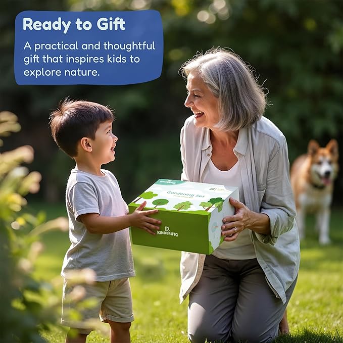 Gardening Set, Tool Kit, for Kids, STEM, Includes Tote Bag, Spade, Watering Can, Rake, Fork, Trowel and Gloves (Camo Quest)